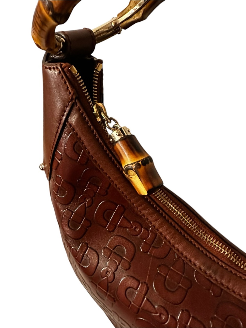 Gucci Rich Brown Horsebit Embossed Leather Shoulder Hobo Bag Bamboo-Ring Detail - Picture 12 of 17